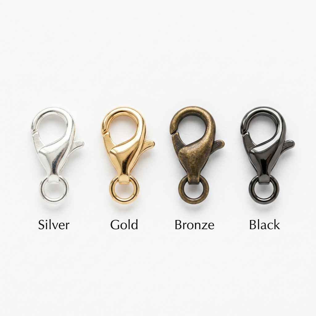 Lobster clasps in silver, gold, bronze and black