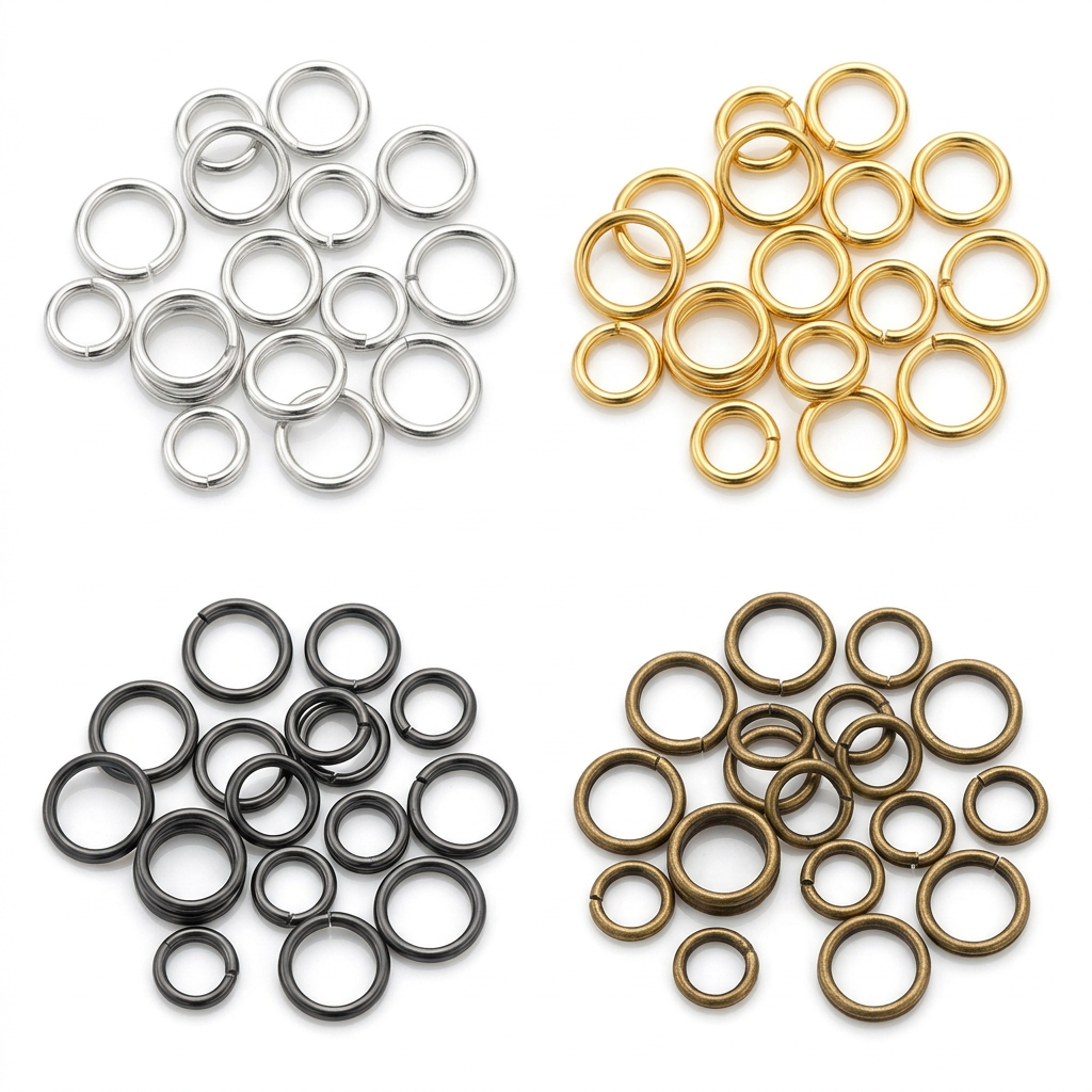 Silver, gold, black and bronze jump rings in mixed sizes